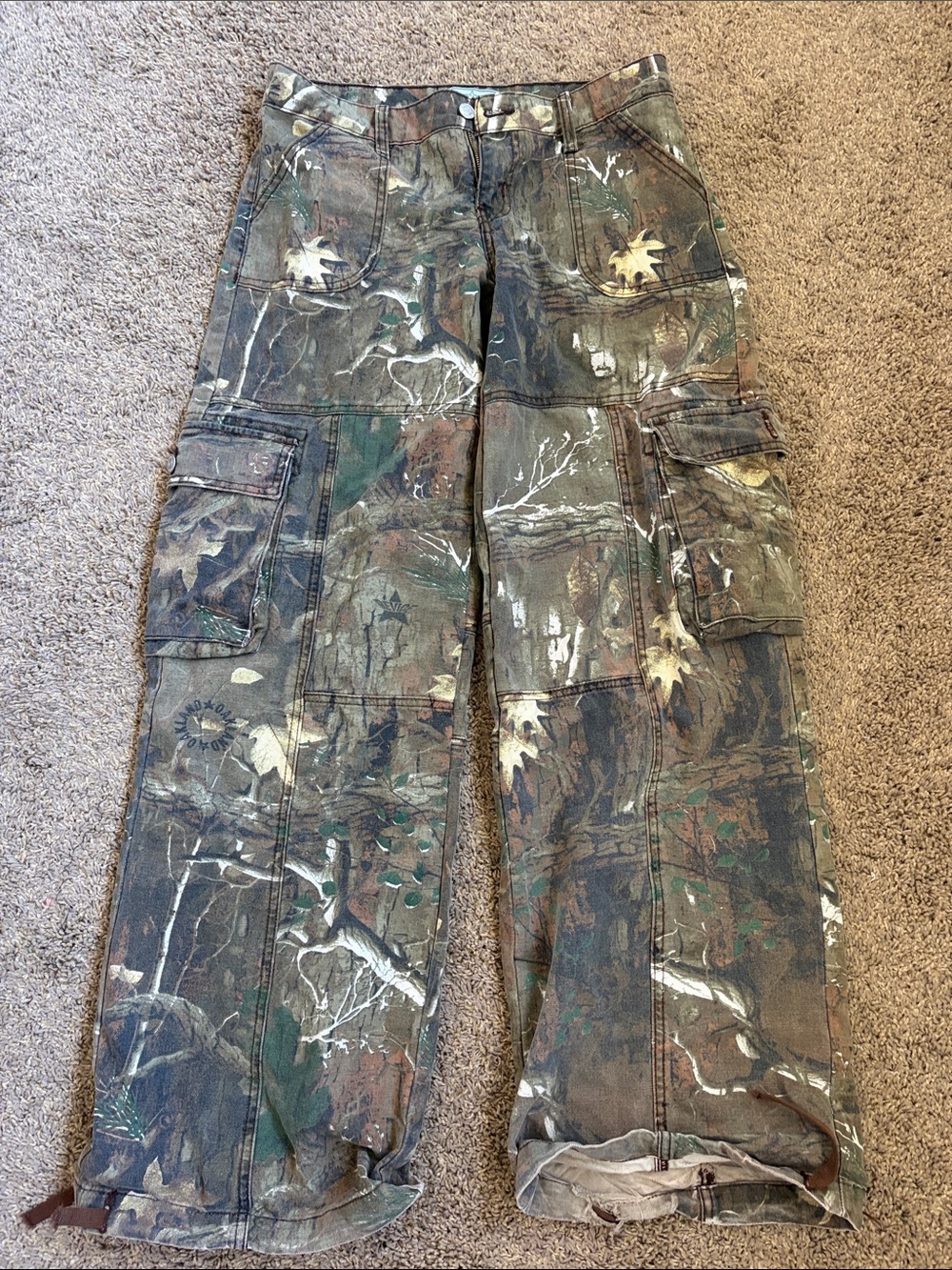 REVICE Women's Boot Cut Cargo Pants in Camo Brown & Green